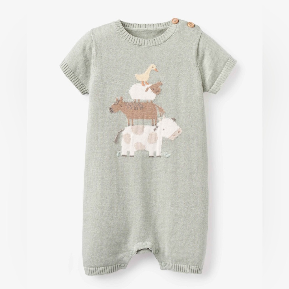 Adorable Green Knit Animal Print Baby Romper 9-12 month